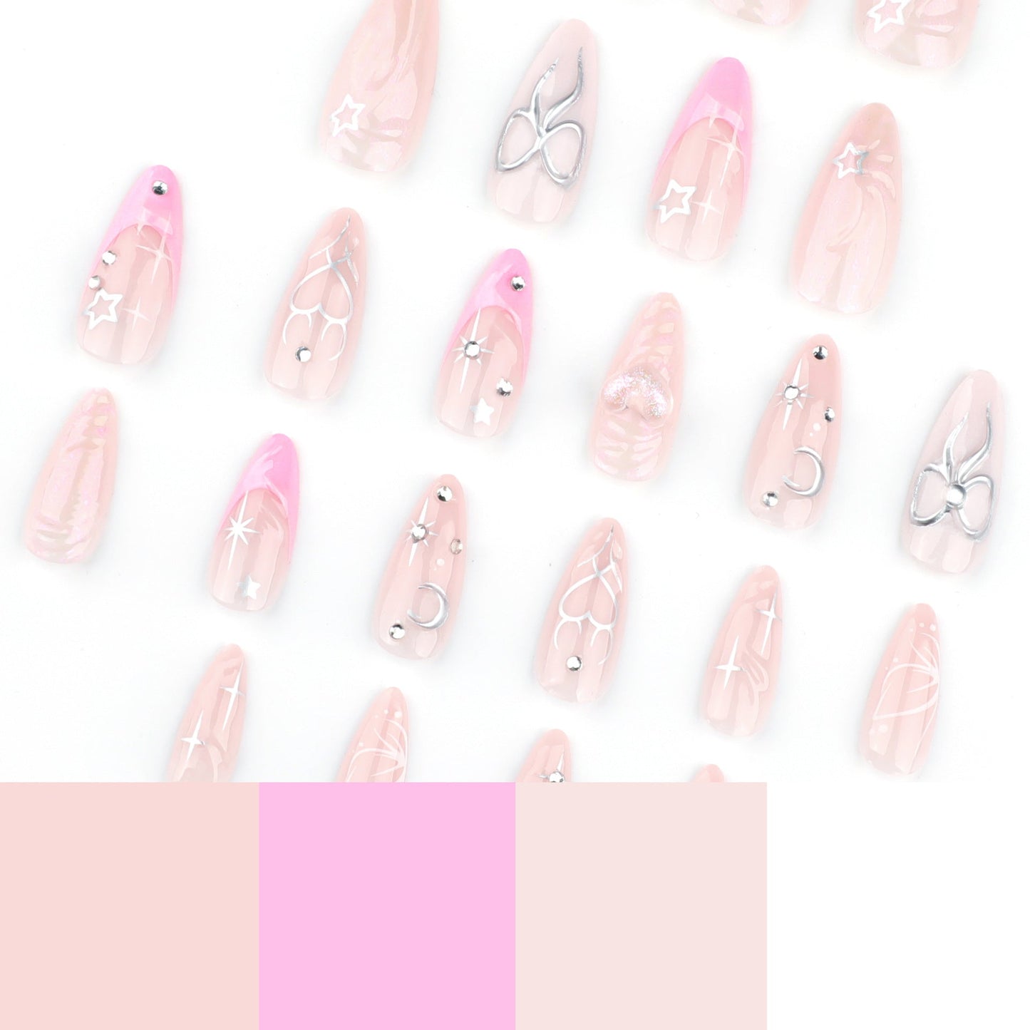 3D Charm Press-On Nails – Pink Almond Glue-On Tips with Celestial Accents