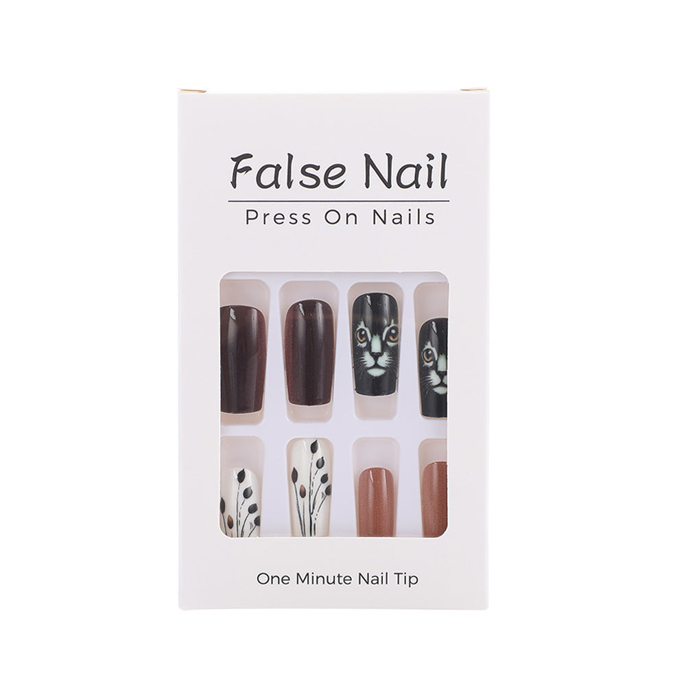 Artistic Glossy Press-On Nails – Long Acrylic with Cat & Leaf Design, Glue-On Nails