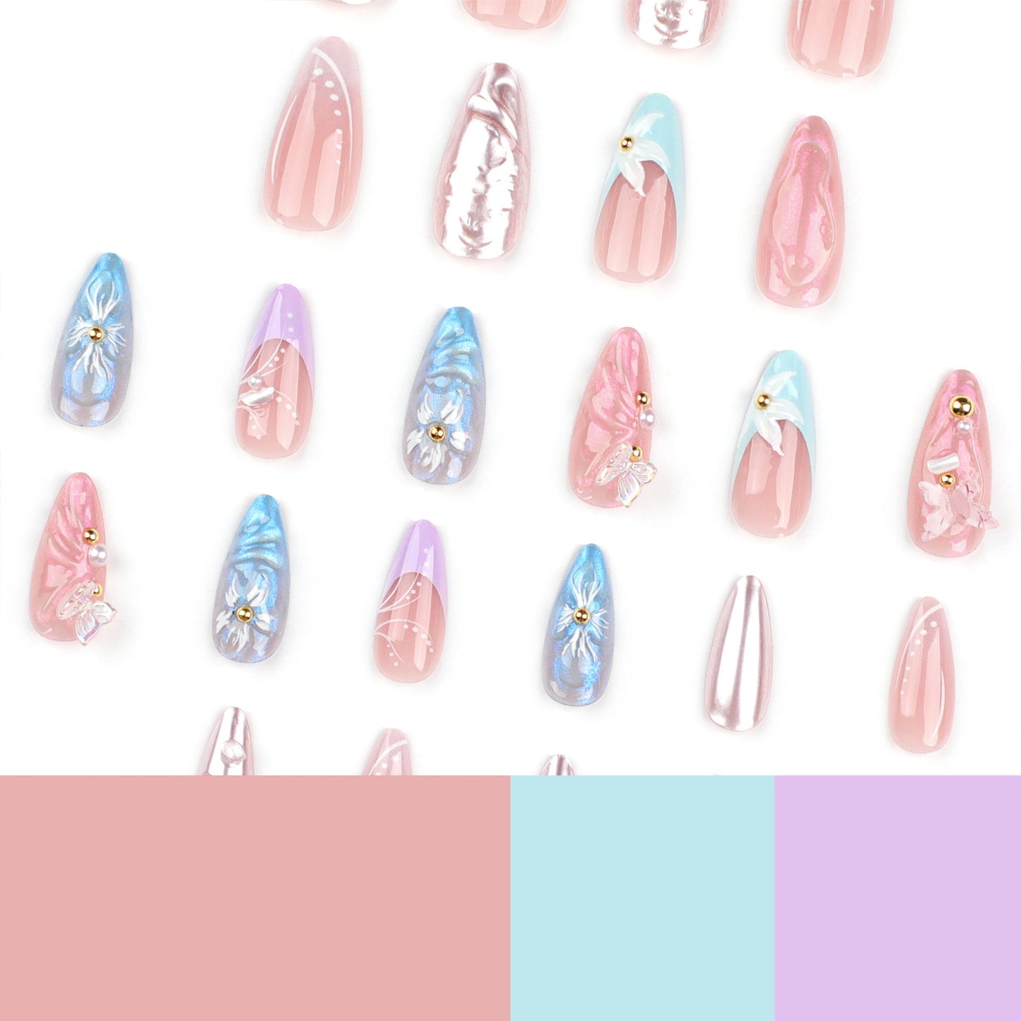 Elegant 3D Floral Stiletto Press-On Nails with Pearls – Long Acrylic Glue-On Nail Art