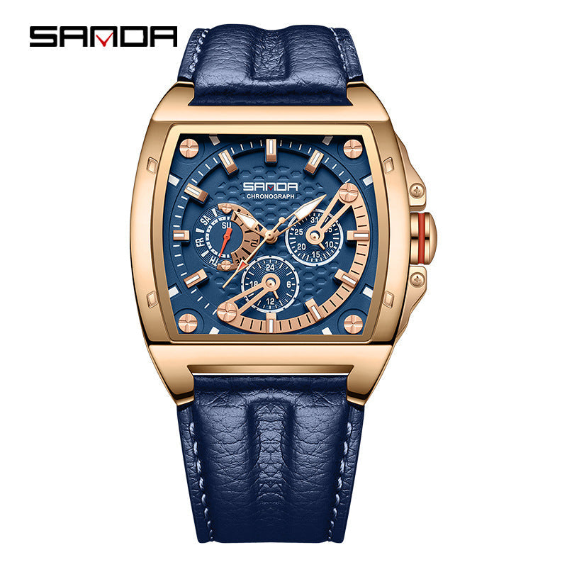 SANDA Luminous Square Men’s Quartz Watch – Leather Strap Business Waterproof Watch