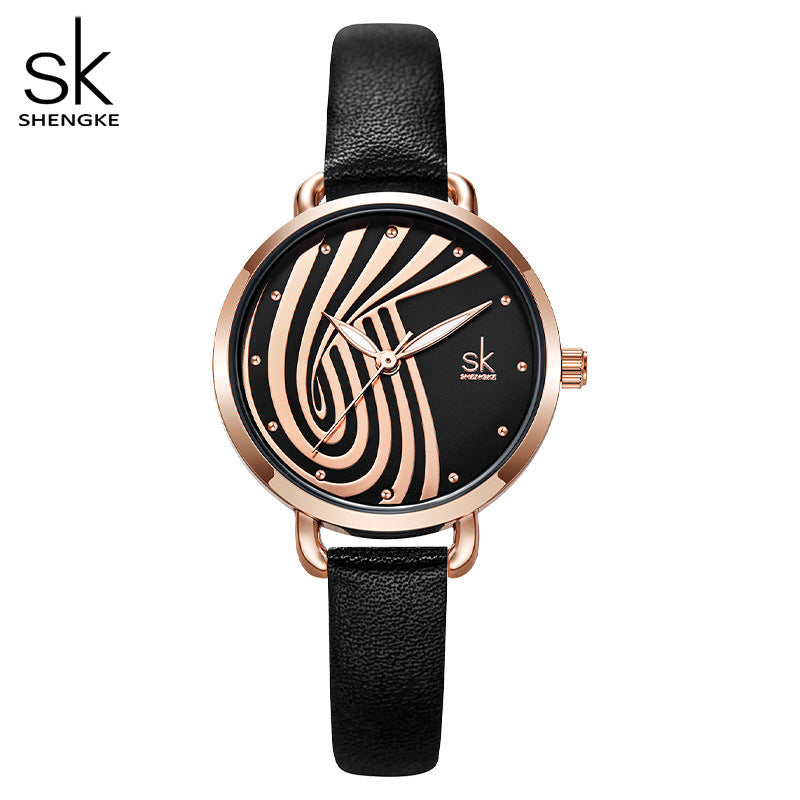 SK Women’s Quartz Watch – Simple Round Dial, Thin Leather Strap, Waterproof Wristwatch