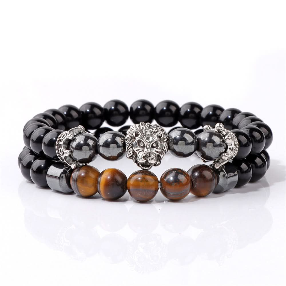 Unisex Double-Layer Lion Agate Bead Bracelet – Retro Black Stone