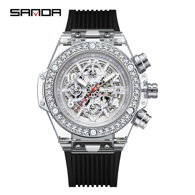 Sanda Men’s Quartz Watch – Hollow Dial, Luminous, Calendar, See-Through Window Design