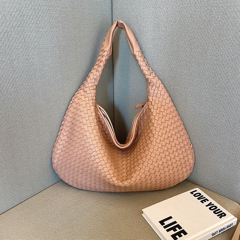Women's Woven Shoulder Bag – Handbag with Zipper Closure and Inner Pockets
