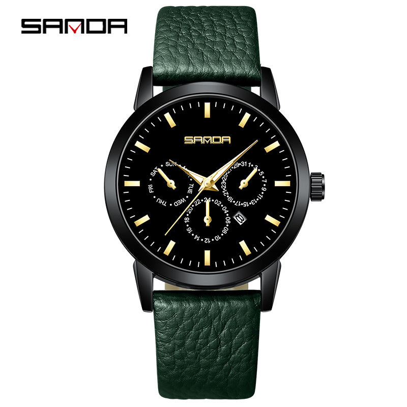 Sanda Men’s Leather Quartz Watch – Three-Eye Chronograph, Waterproof Business Analog Watch