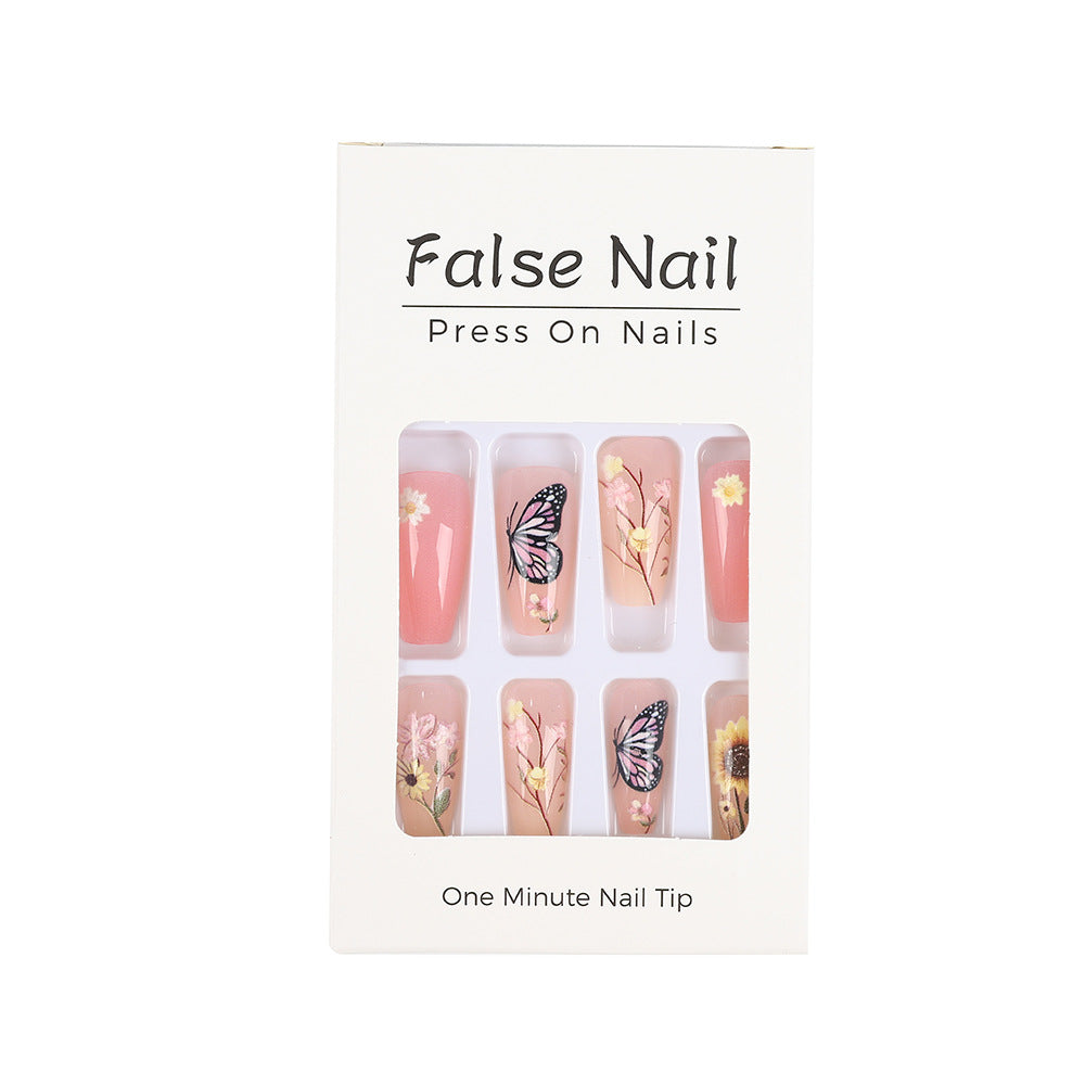 Long Coffin Press-On Nails with Butterfly & Sunflower Design – Floral Acrylic Fake Nails