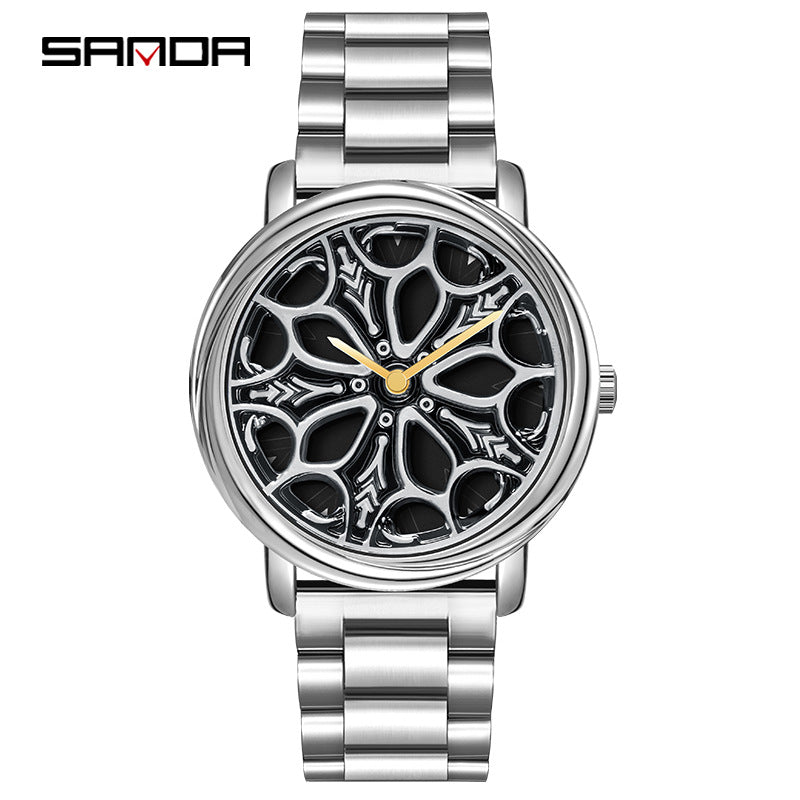 Sanda Men’s Quartz Watch – Rotating Dial, Stainless Steel Strap, Waterproof Timepiece