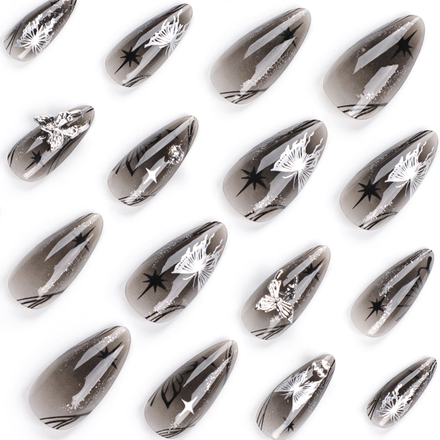 Celestial Glam Stiletto Press-On Nails – Long Nude Black with Silver Butterflies & Stars