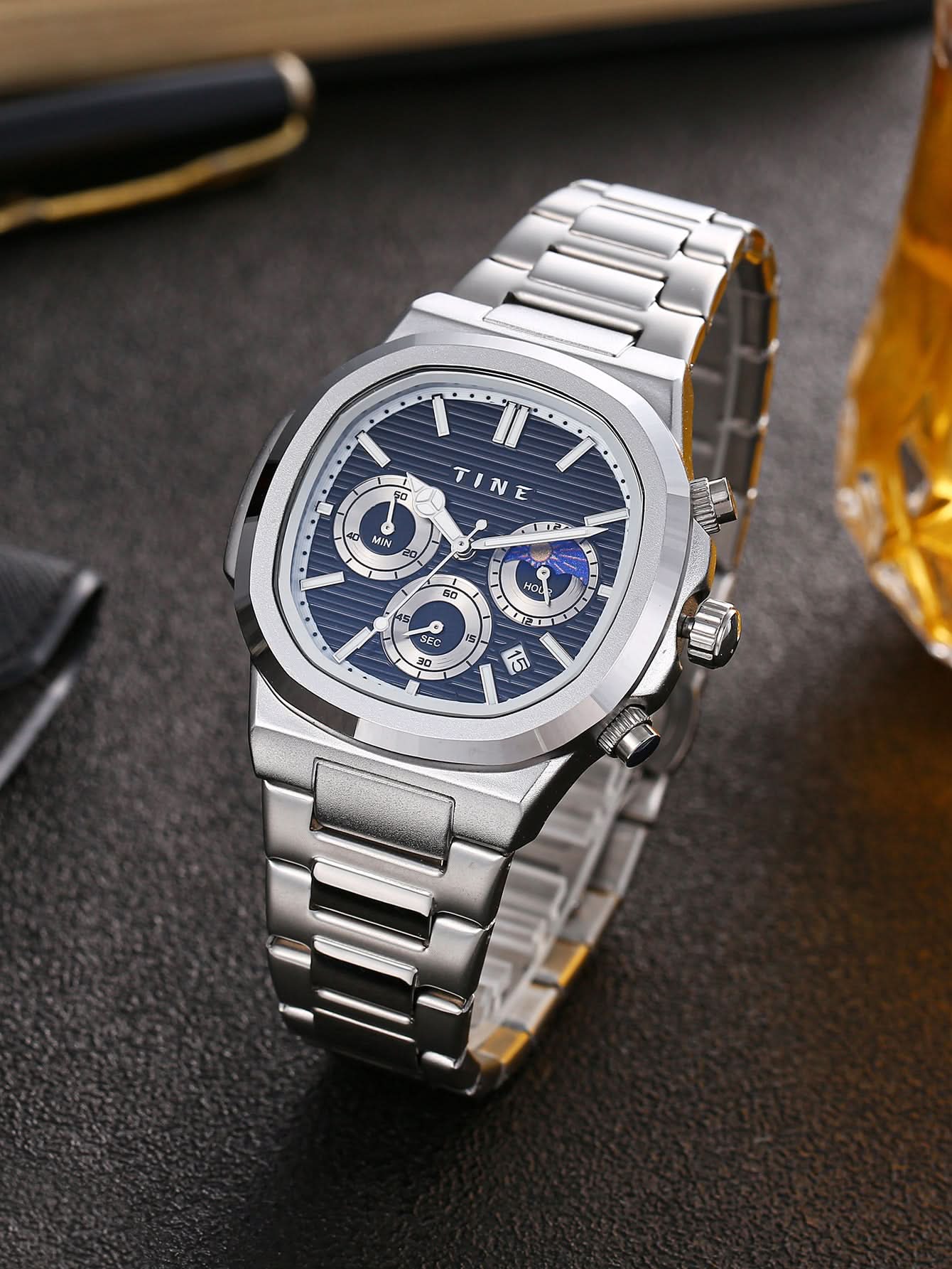 Men's Octagonal Moon Face Quartz Watch – Chronograph, Luminous Dial