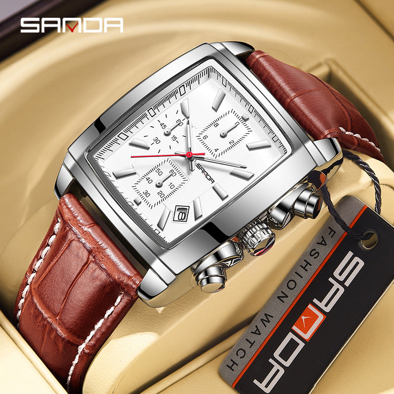 SANDA Men’s Quartz Square Watch – Leather Strap Business Watch with Calendar, Waterproof