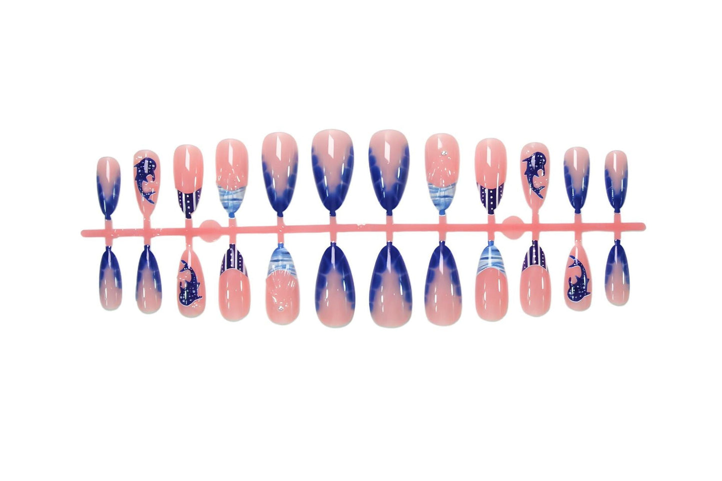 Blue & Nude Stiletto Press-On Nails – 3D Dolphin Swirl Long Glossy Nail Art