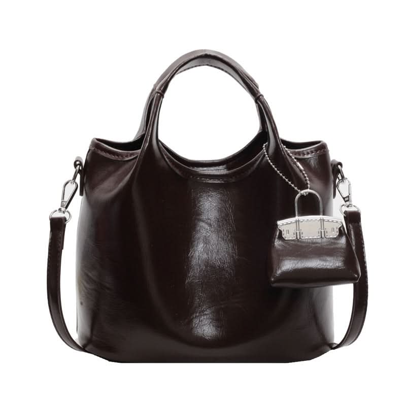 Women's Elegant Leather Bucket Bag – Shoulder Tote with Matching Keychain