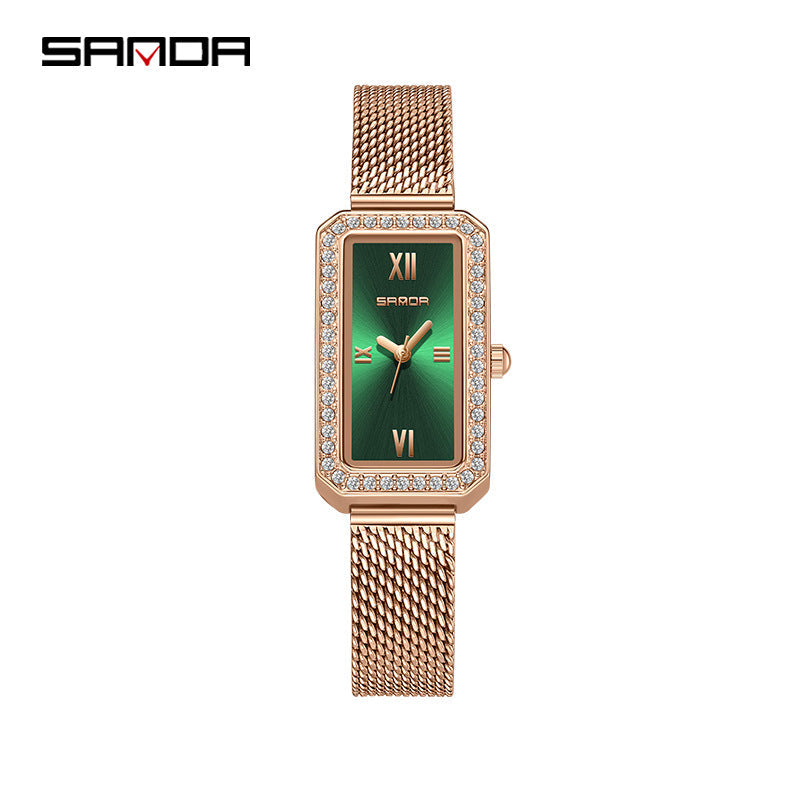SANDA Women's Quartz Watch – Retro Diamond-Accented, Mesh Steel Band