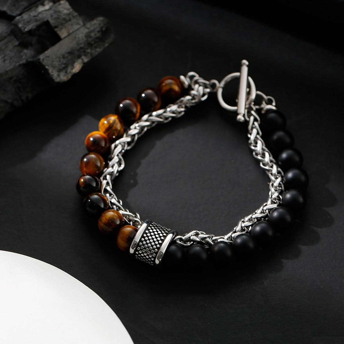 Men’s Obsidian Beaded Bracelet – Trendy Double-Layer Keel Design