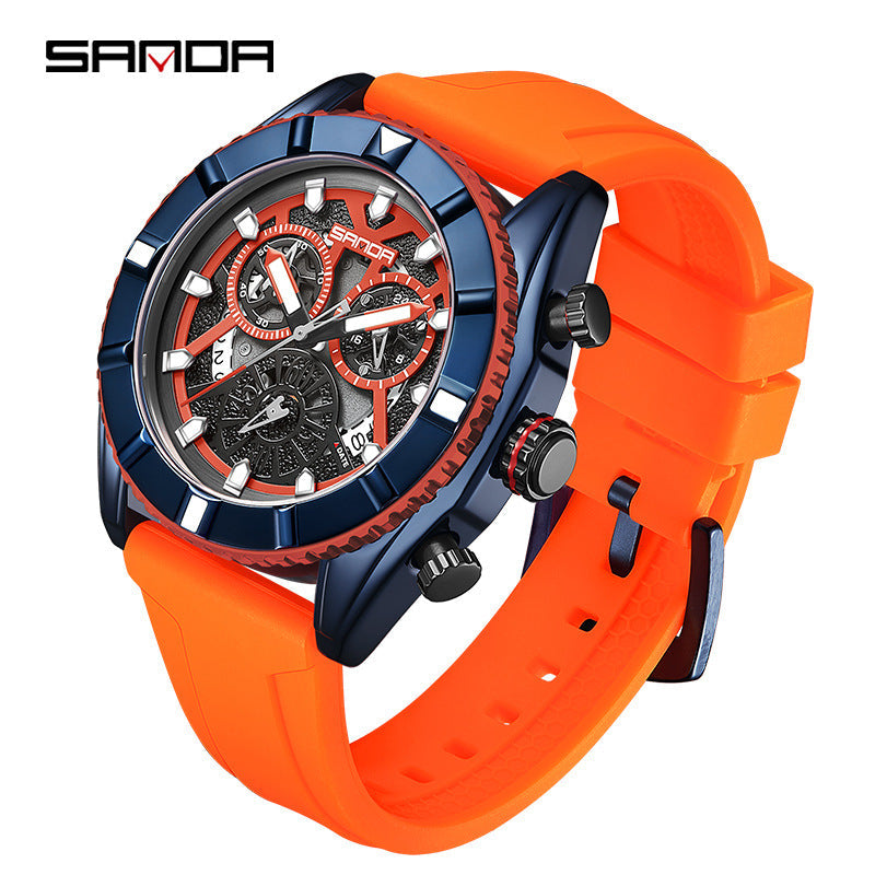 SANDA Luminous Men’s Quartz Watch – Silicone Strap with Calendar & Small Three-Hand