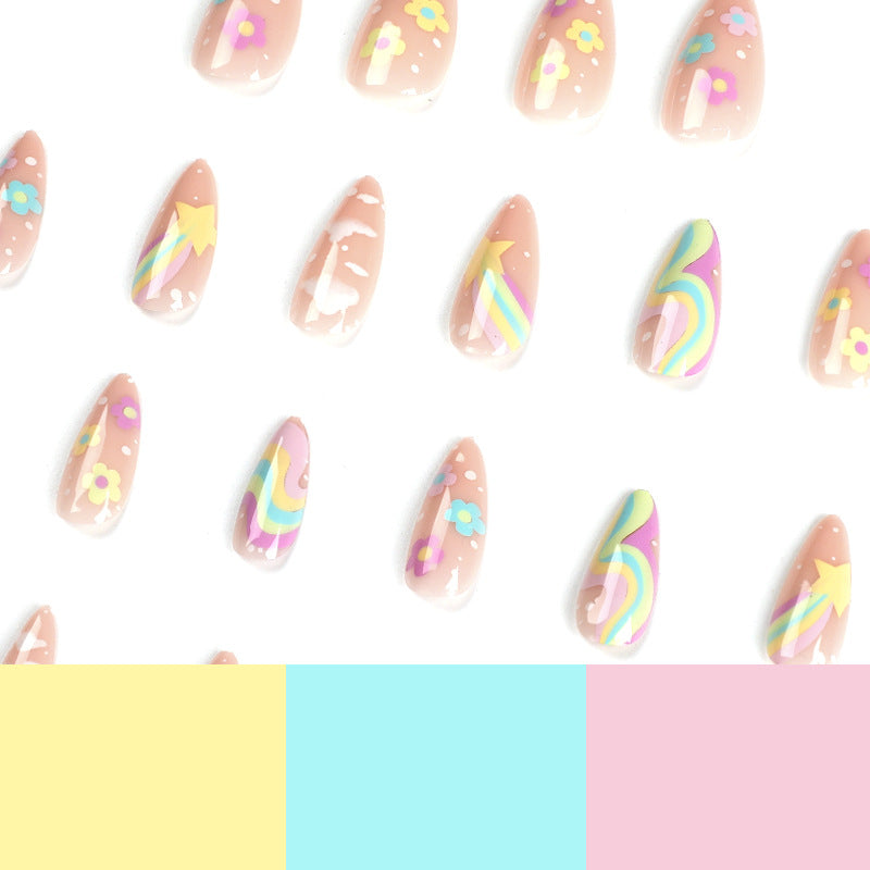 Whimsical Rainbow Press-On Nails – Pastel Almond Glue-On Set