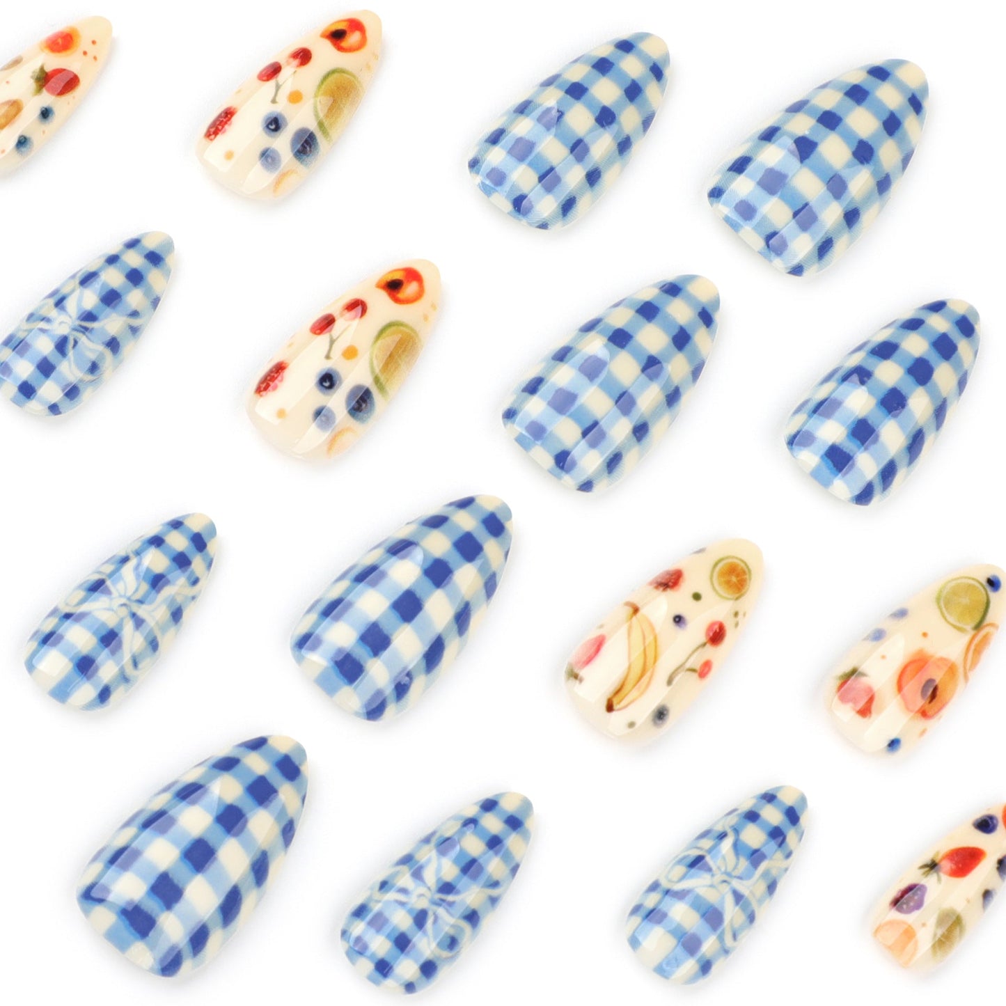Blue Checkered Fruit Press-On Nails – Medium Coffin Glossy Summer Nail Art Set