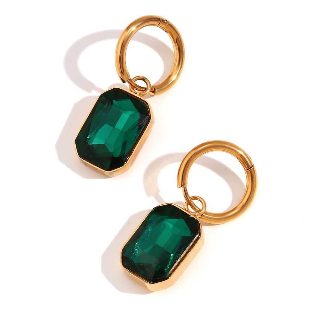 Retro Chic Gemstone Dangle Earrings for Women – Stainless Steel Emerald Cut Design