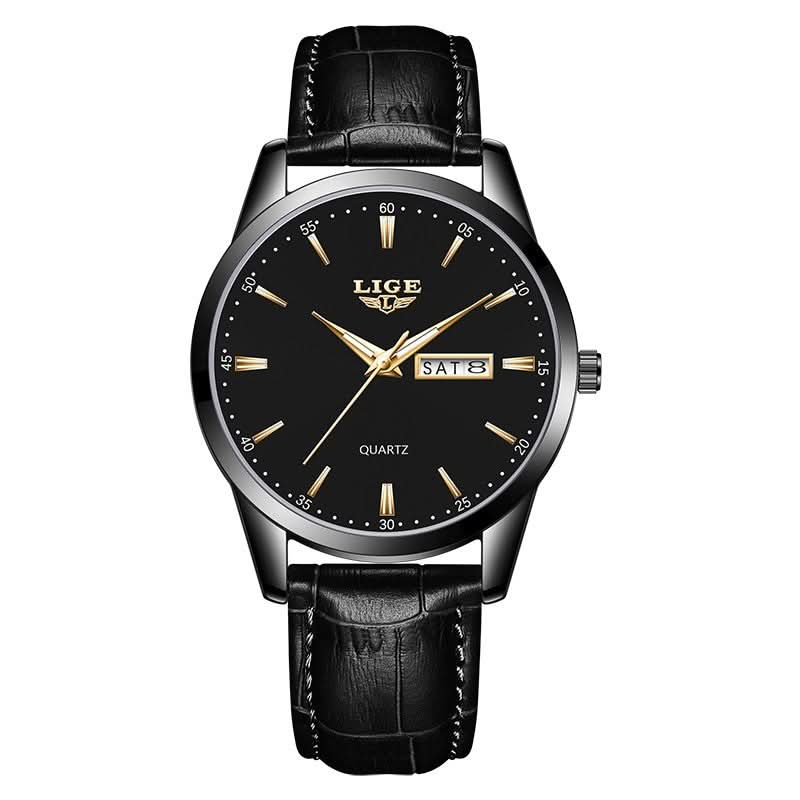 Men’s Business Quartz Watch with Dual Calendar & Luminous Hands – Leather Strap