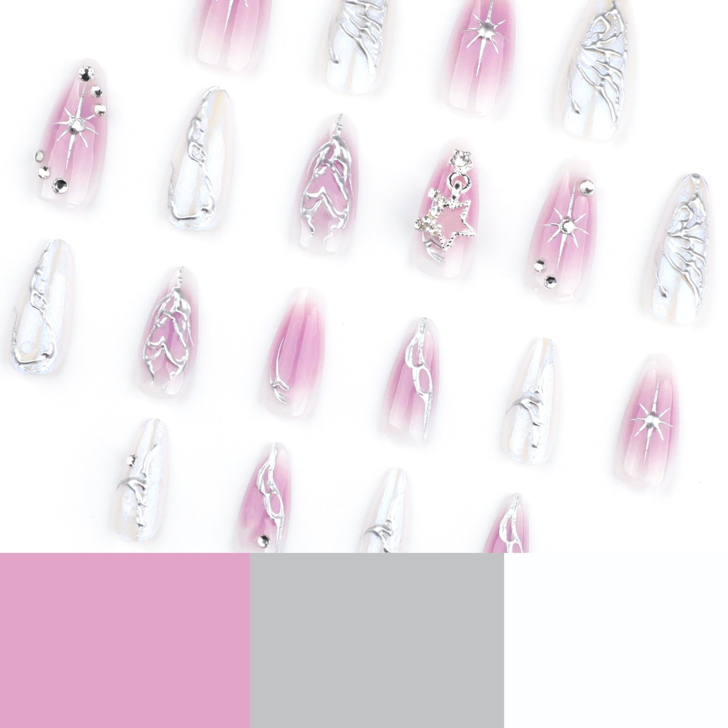 Glossy 3D Star Coffin Press-On Nails – Long Pink White Gradient False Nails