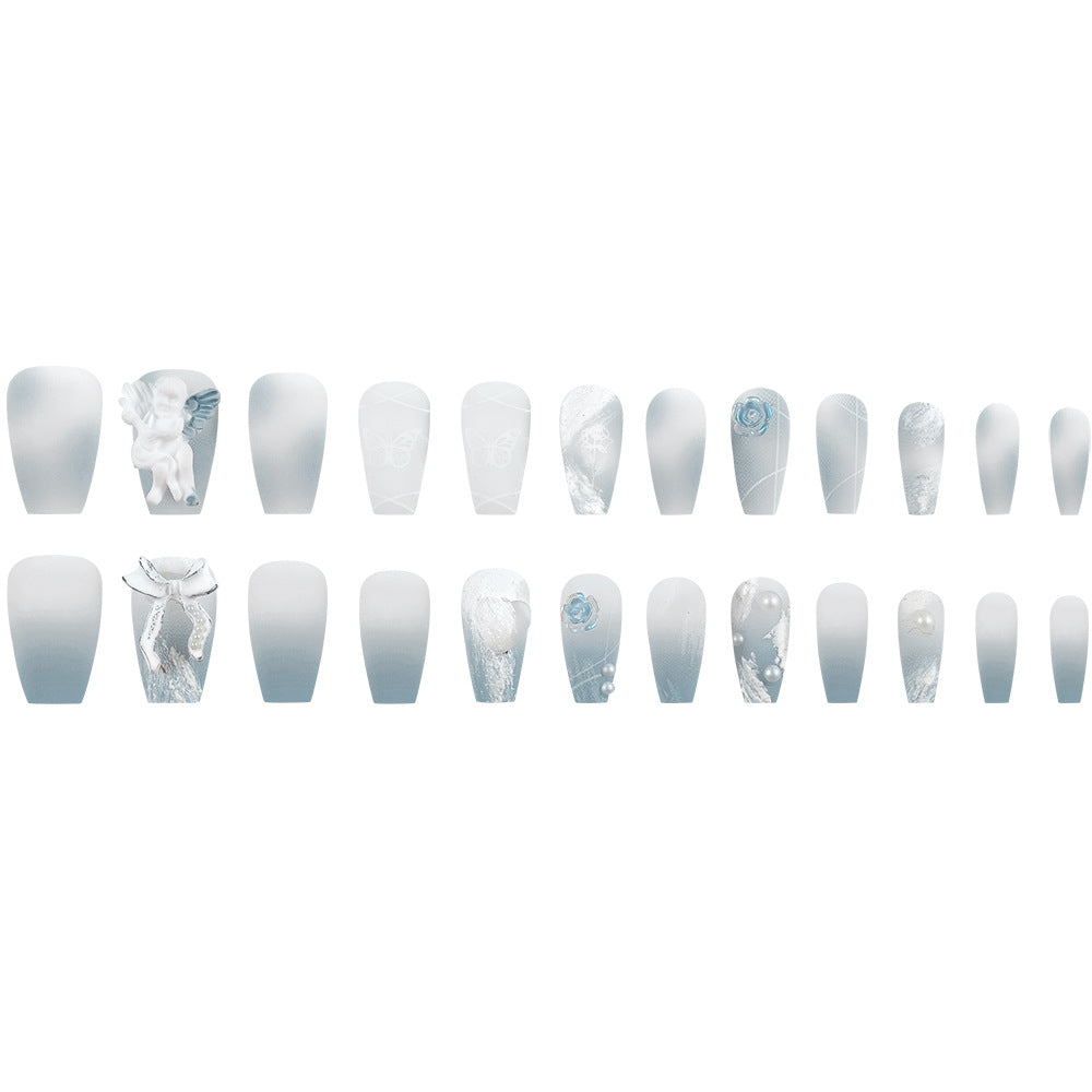 3D Angel Press-On Nails – White Coffin Acrylic Nail Set with Snowflake & Floral Accents