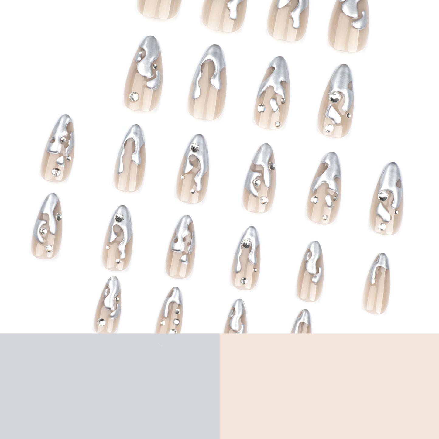 Chrome Almond Press-On Nails with 3D Silver Rhinestones – Long Glue-On Nail Art