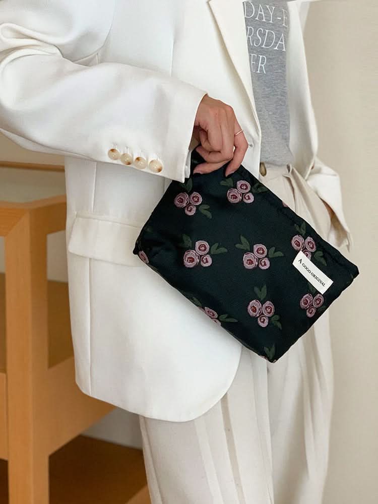 Retro Floral Cosmetic Bag for Women – Canvas-Lined Travel Toiletry Organizer