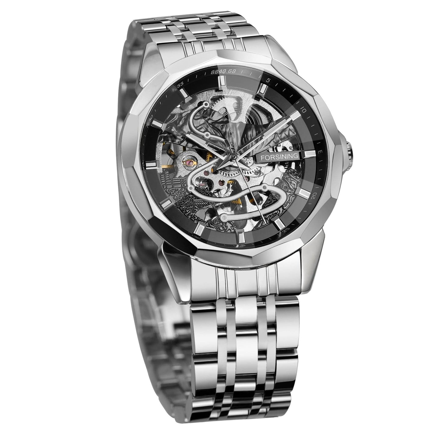 Men’s Mechanical Watch – Diamond Glass Dial, Stainless Steel Strap