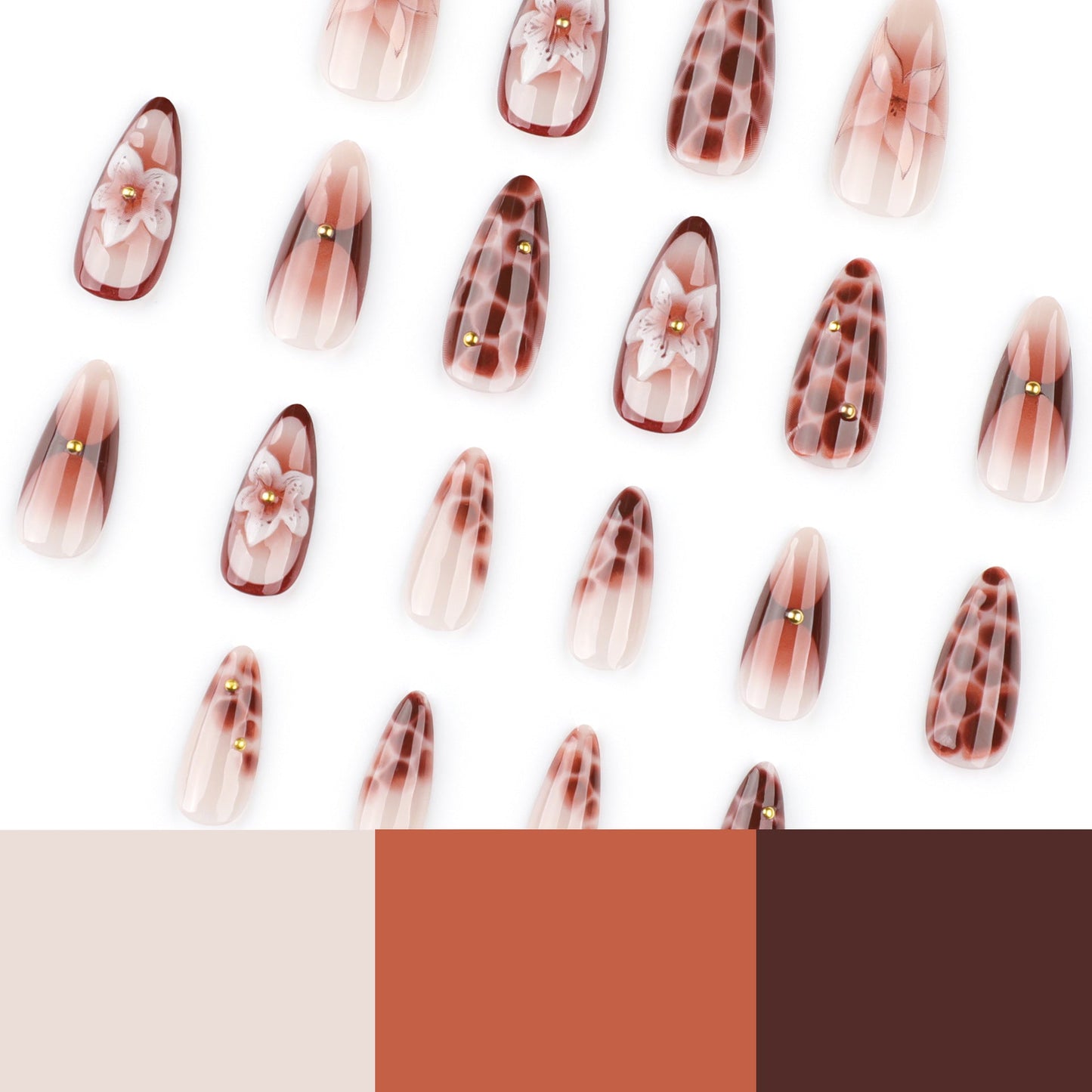 Elegant Stiletto Press-On Nails with 3D Floral & Animal Print – Brown Nude