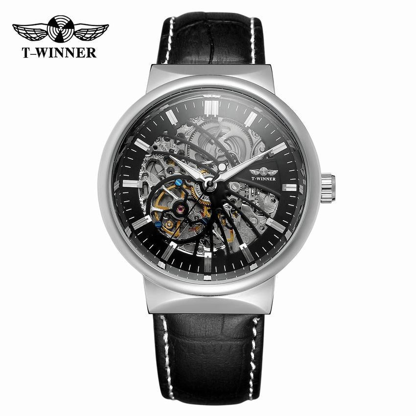 T-WINNER Automatic Mechanical Watch for Men – Waterproof Skeleton Dial Leather Strap