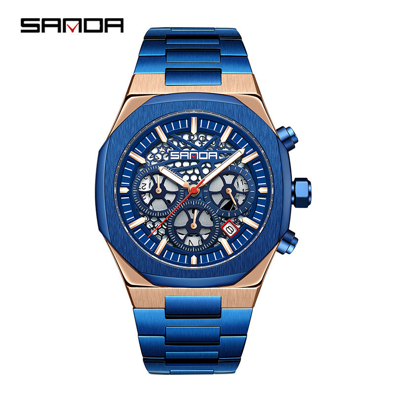 Sanda Men’s Multifunction Quartz Watch – Three-Eye Chronograph, Stainless Steel Band