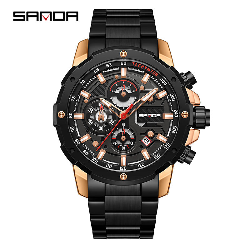 Sanda Men’s Stainless Steel Quartz Watch – Multi-Function Chronograph, Waterproof Watch