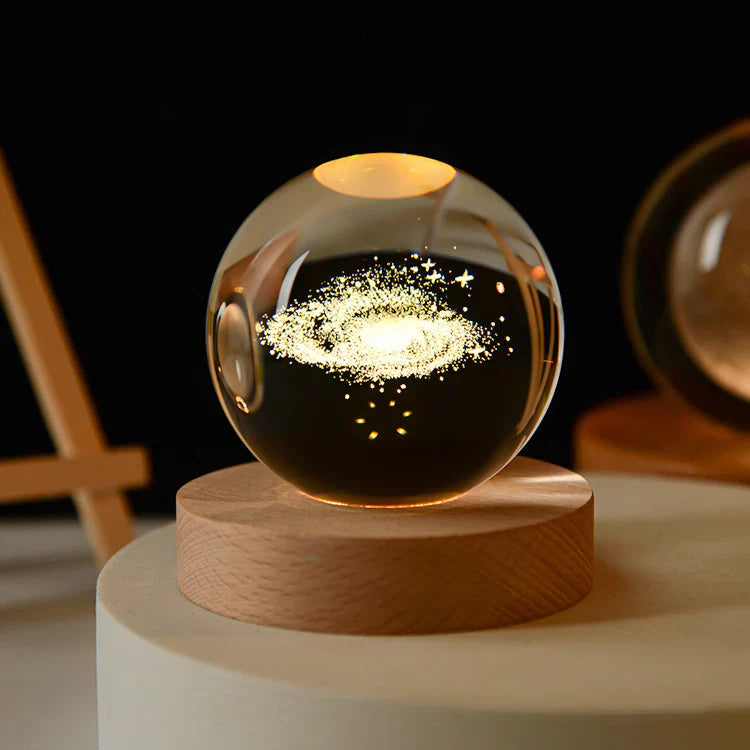 Astronaut Crystal Ball Night Light – 3D Carved Solar System LED Lamp with Wooden Base