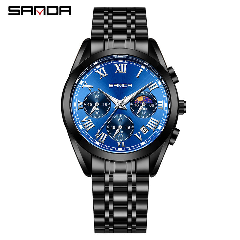 SANDA Men’s Six-Pin Quartz Watch – Stainless Steel Business Wristwatch with Calendar