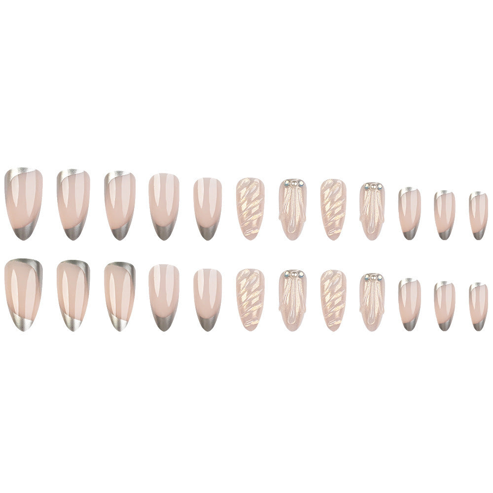 Silver-Edged French Stiletto Press-On Nails – Acrylic Tips with Pearl & Swirl Details
