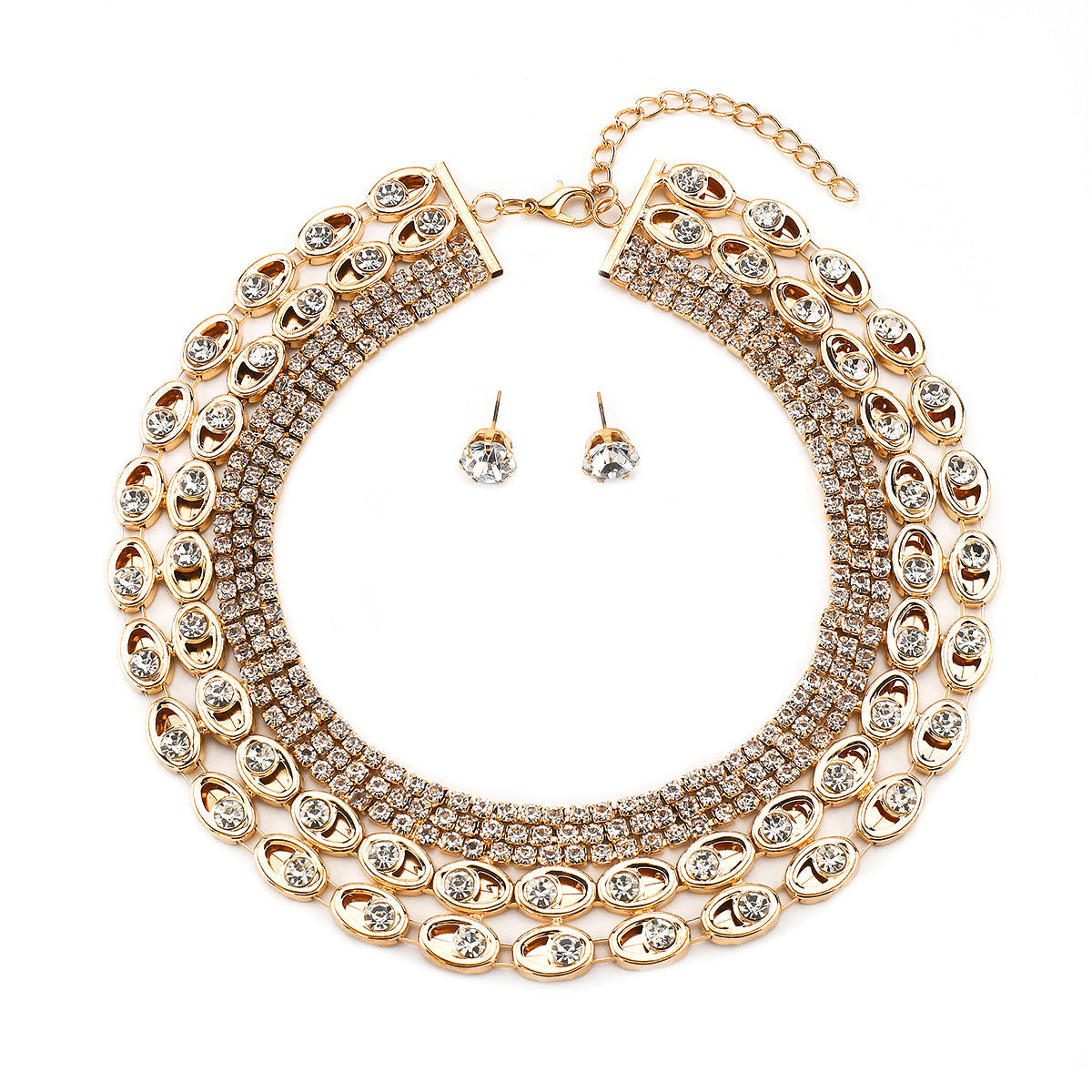 Luxury Gold Diamond Inlay Necklace & Earring Set – Geometric Jewelry for Women