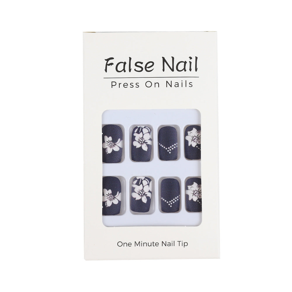 Black Press-On Nails with White 3D Floral & Rhinestone Design – Long Square Acrylic