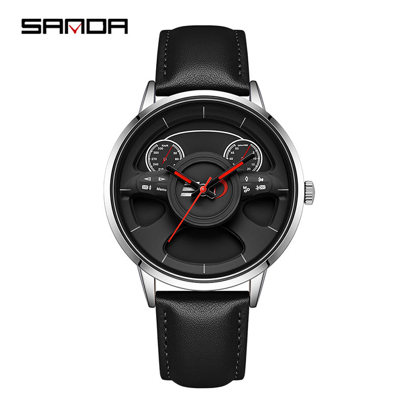 SANDA Men’s Leather Strap Quartz Watch – Car Wheel Inspired Waterproof Wristwatch