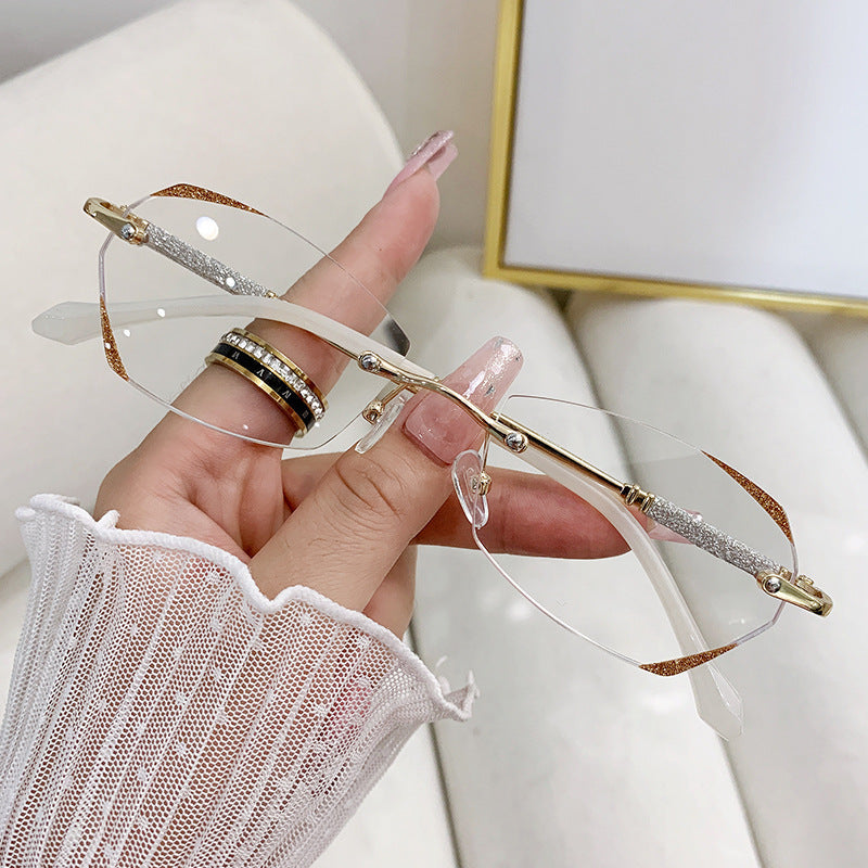 Diamond-Cut Frameless Anti-Blue Light Glasses for Women – Trendy Polygonal Myopia Eyewear
