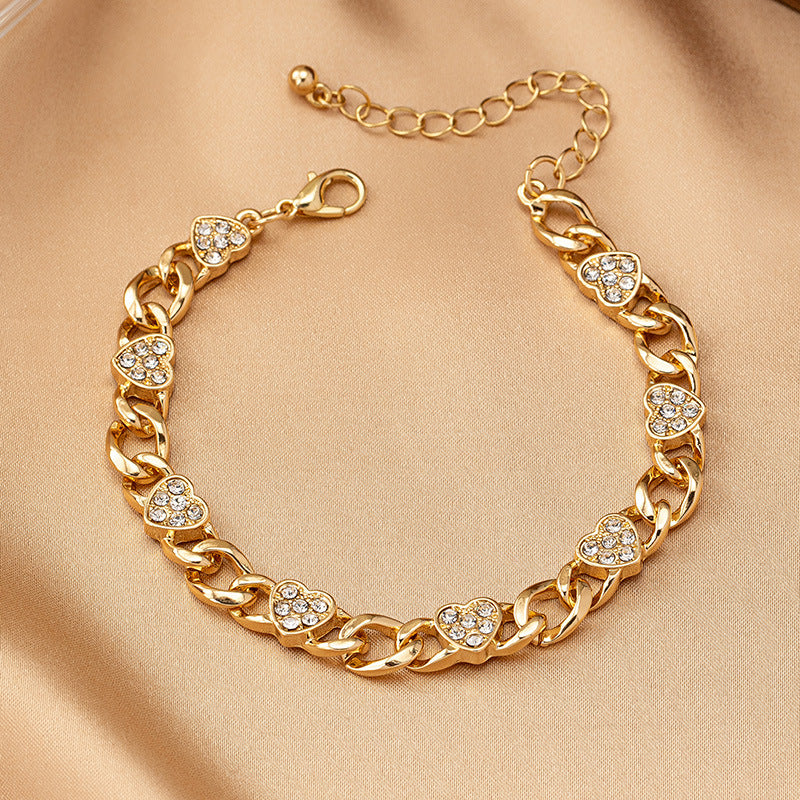 Gold Diamond Heart Necklace and Bracelet Set – Retro Hip-Hop Jewelry for Women