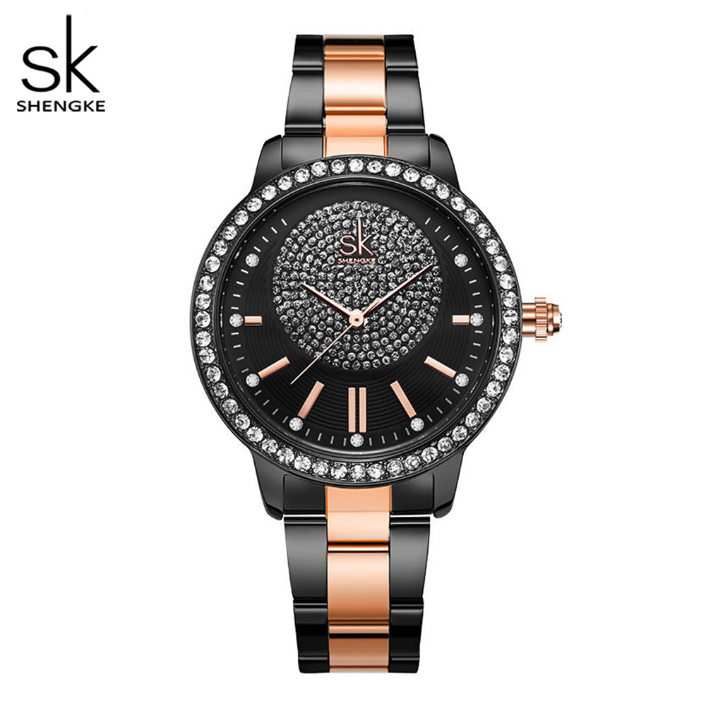 SK Luxury Women’s Quartz Watch – Diamond Accent Steel Strap Waterproof Wristwatch