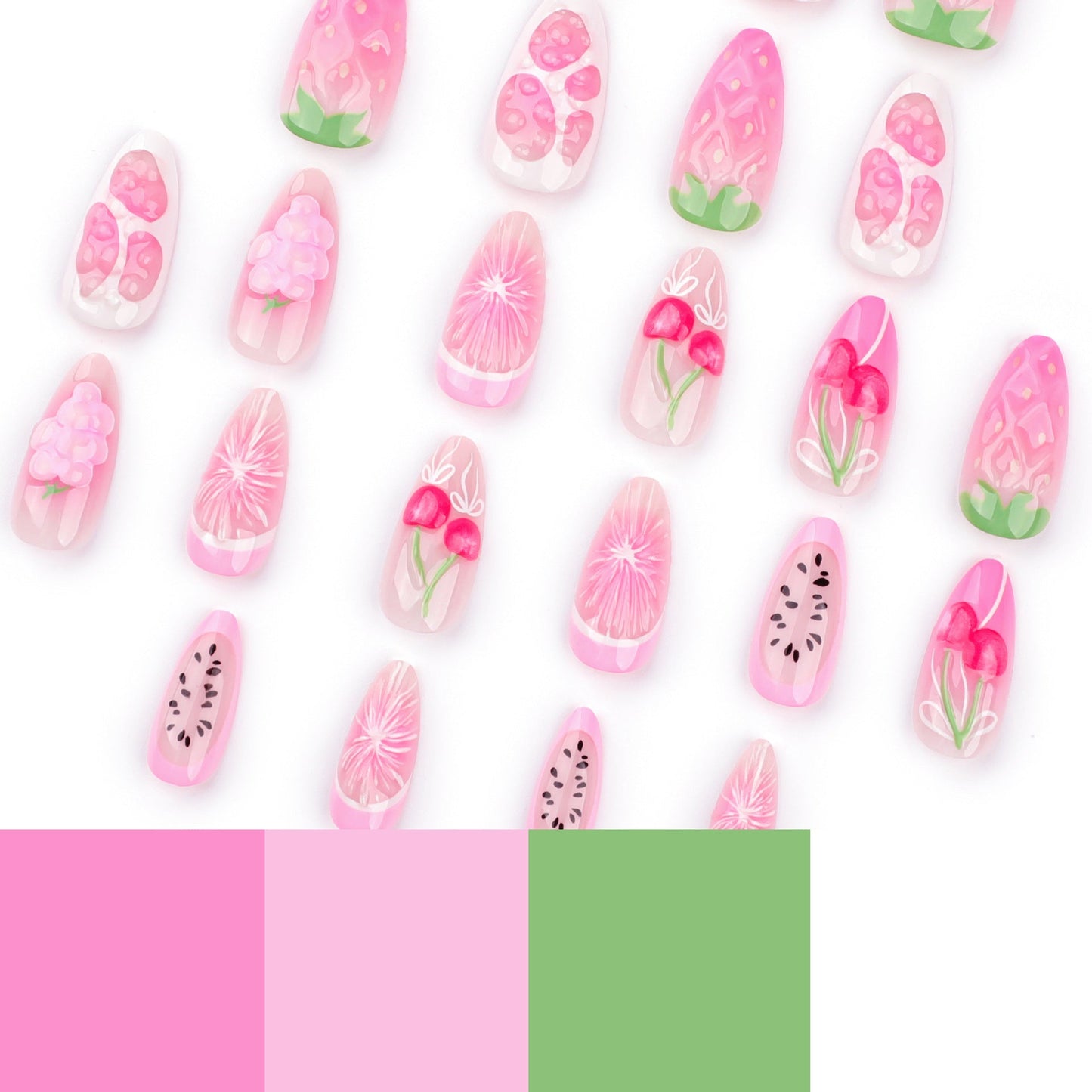 3D Fruit Press-on Nails – Long Stiletto Pink Cherry & Floral Design | Glue-On Acrylic