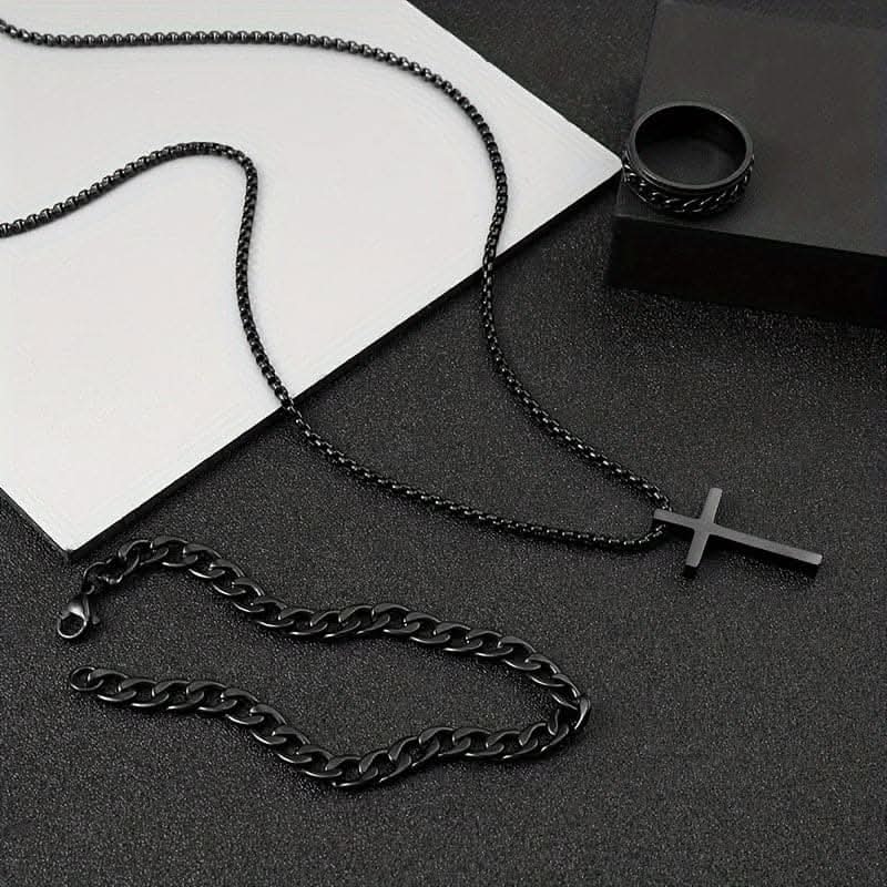 3pcs Men's Stainless Steel Jewelry Set – Cross Necklace, Bracelet, Ring