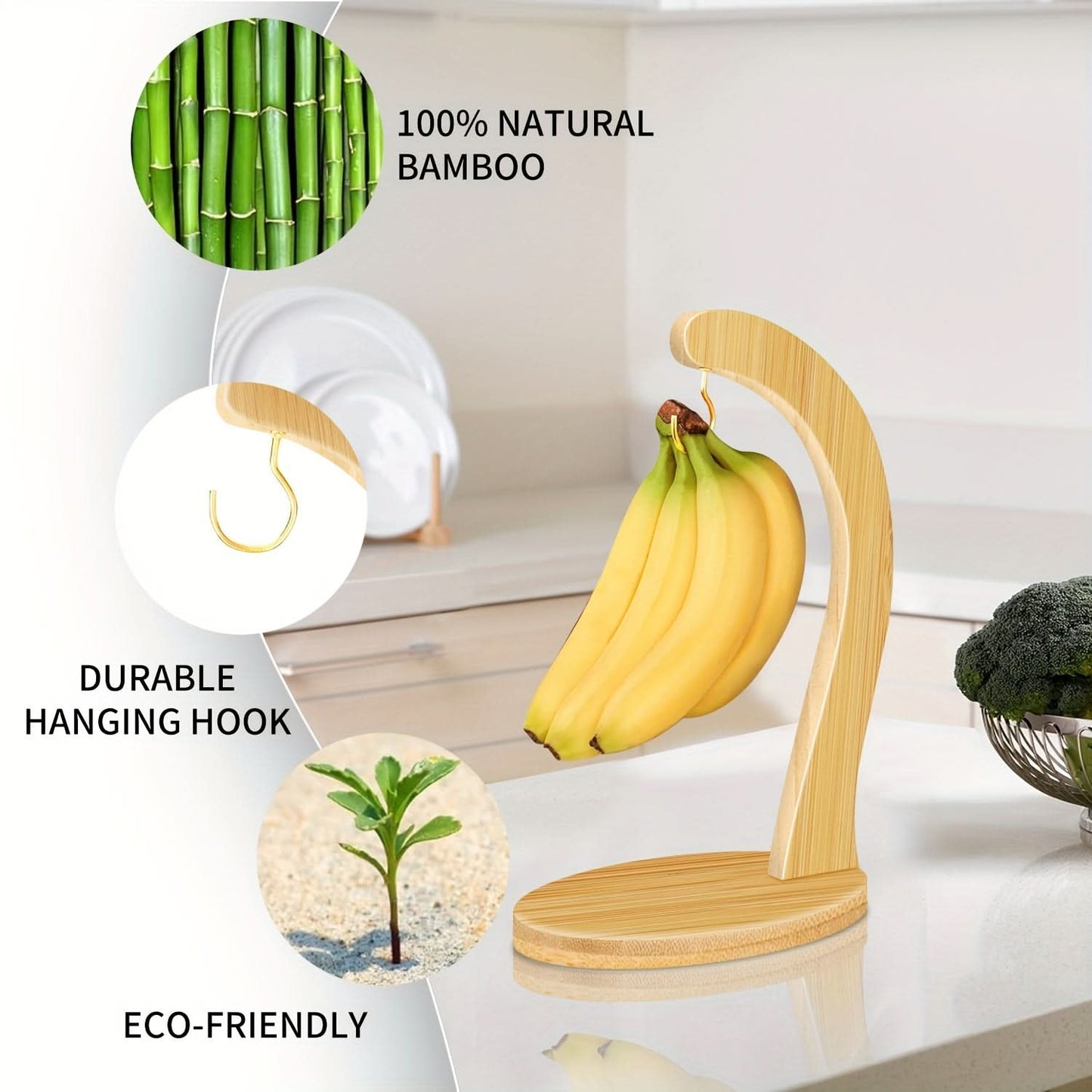 Bamboo Banana Holder with Hook - Rustic Fruit Stand