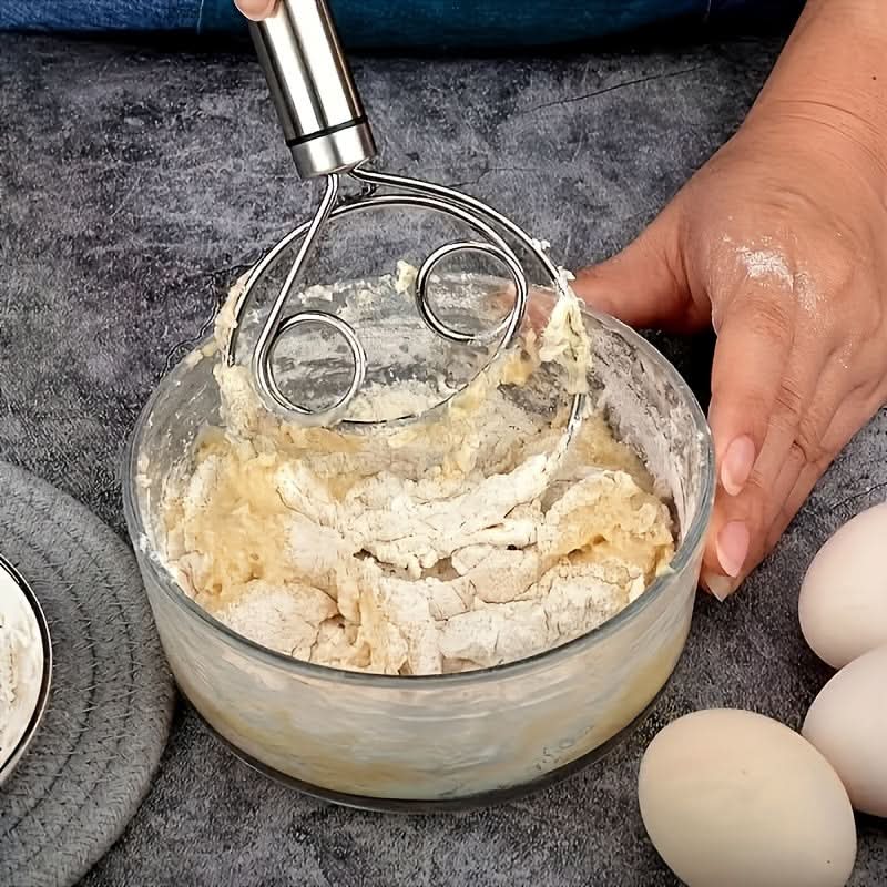 Stainless Steel Dough Mixer with Scraper - Handheld Dual-Hole Whisk