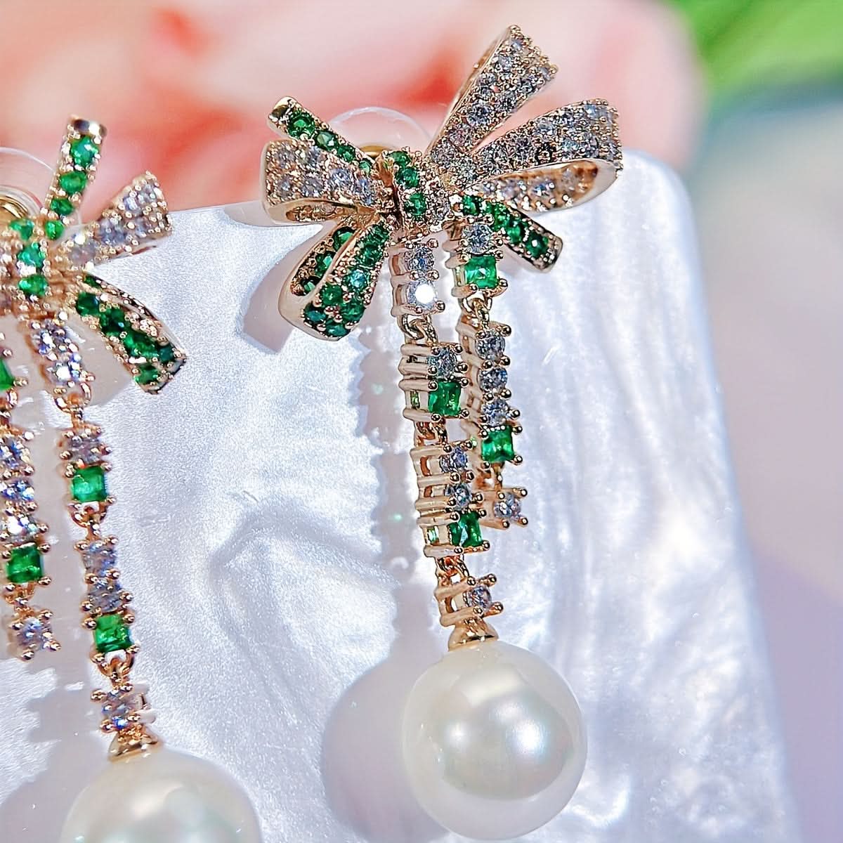 Faux Pearl Bow Dangle Earrings with Zircon