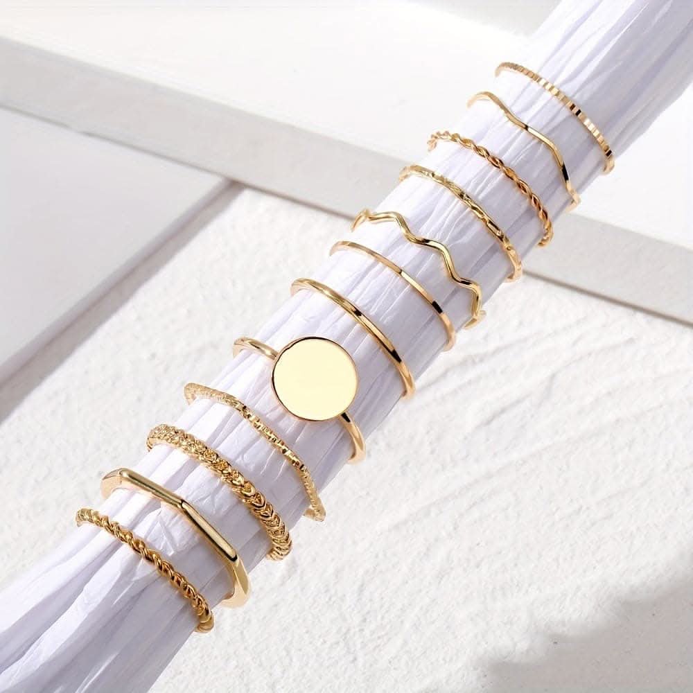 12 pcs. Stacking Rings Set – Wave & Minimalist Bands