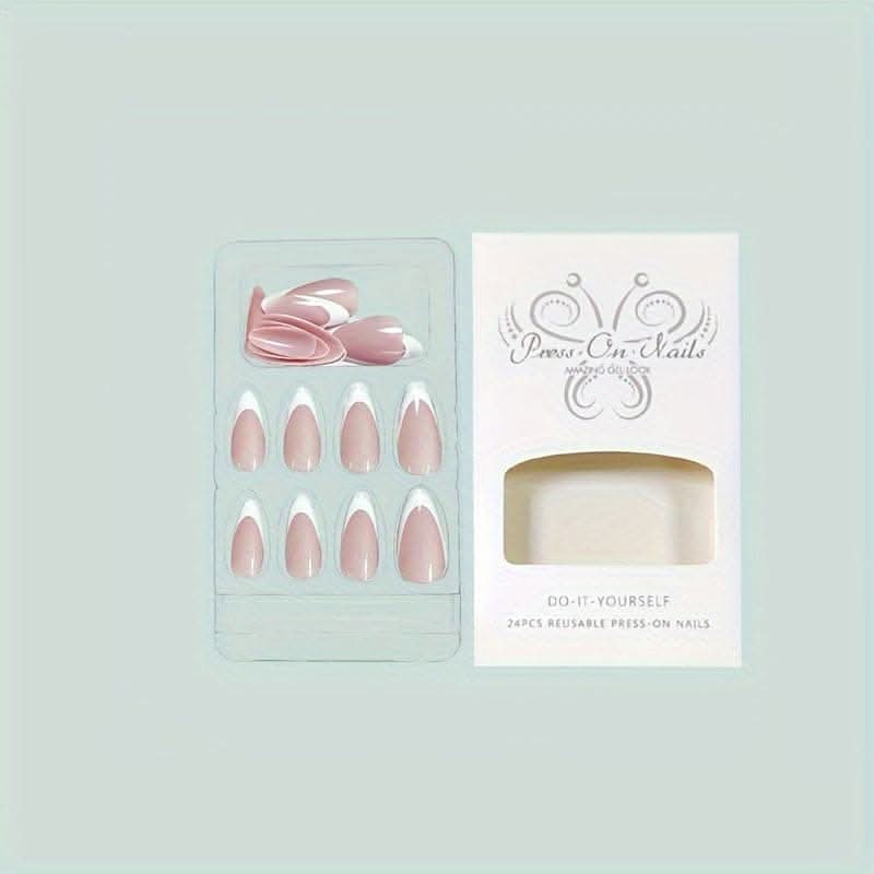 24pcs Medium Almond Press-On Nails – French Tip Full with Nail File and Jelly Glue