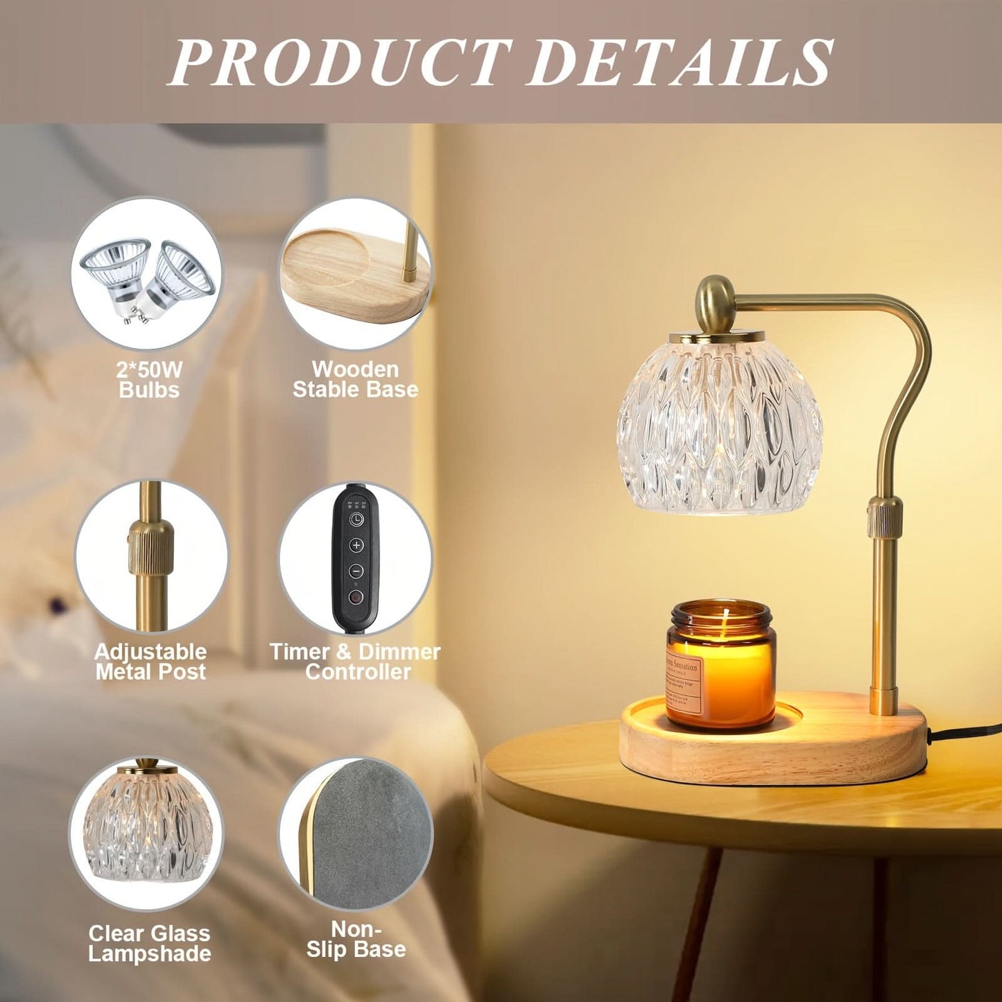 Adjustable Glass Candle Warmer Lamp with Timer