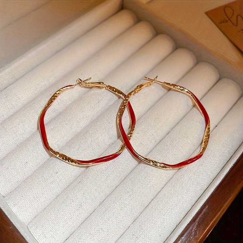 Gold Red Resin Twist Hoop Earrings – Boho Style